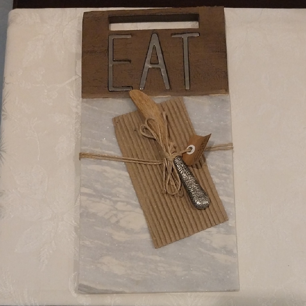 Mud Pie Wood And  Marble Kitchen Board with Silver Accents And Cheese Knife NEW